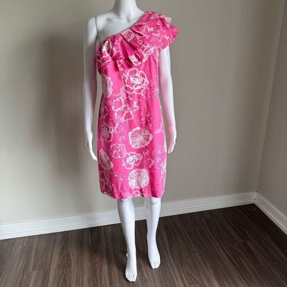 Lily Pulitzer One Shoulder Sandra Ruffle Dress Size 10 Pink - Picture 1 of 8